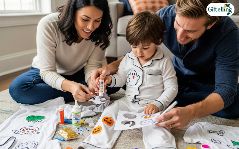 Family DIY customization of Halloween pajamas toddler showing safe crafting techniques and bonding activities