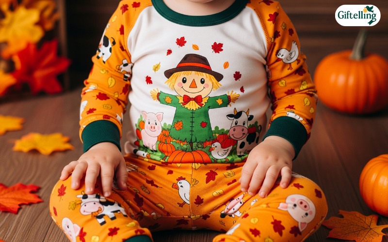 Seasonal autumn Halloween pajamas toddler featuring harvest themes with colorful leaves and friendly farm animals