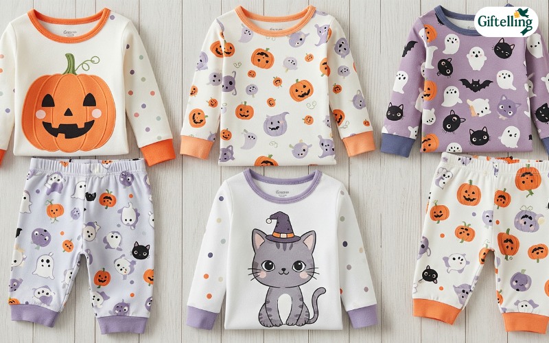 Friendly Halloween pajamas toddler designs featuring smiling pumpkins and cute animal characters in soft colors