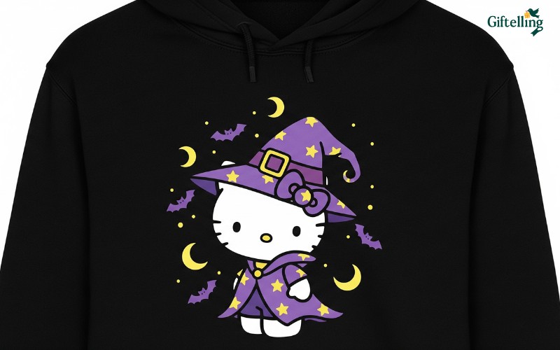 Classic Hello Kitty Halloween hoodie showing the iconic character dressed as a cute witch with purple robes