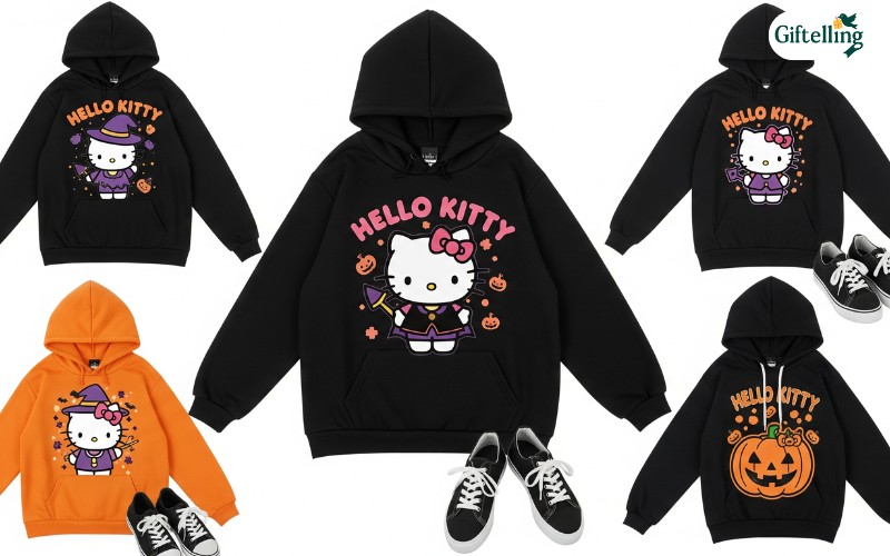 Hello Kitty Halloween hoodie styling examples showing kawaii outfit combinations with seasonal accessories