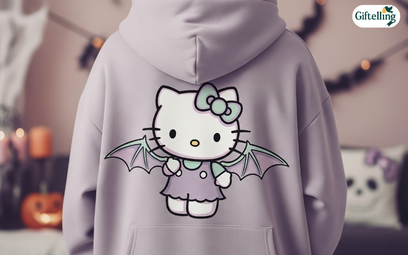 Pastel goth Hello Kitty Halloween hoodie featuring the character with bat wings in alternative color schemes
