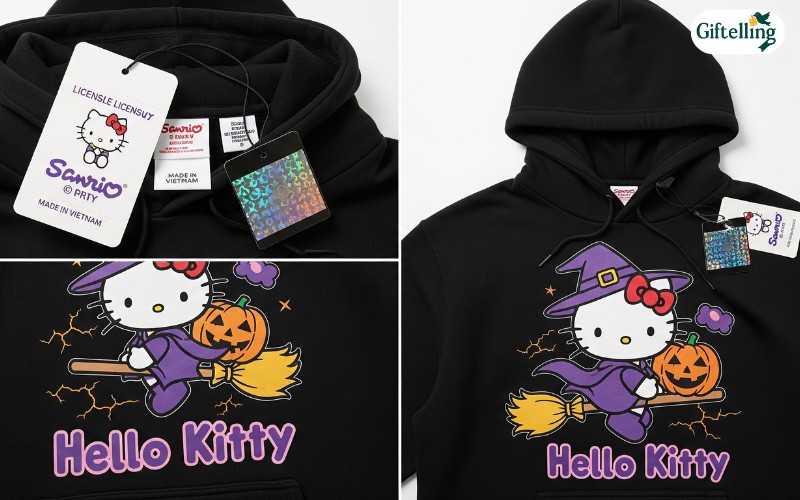 Hello Kitty Halloween hoodie authenticity guide showing licensing tags and quality indicators