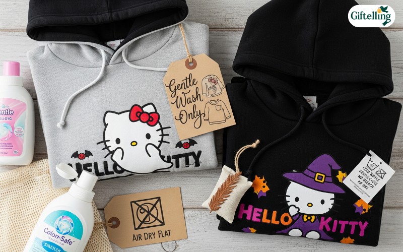 Proper care setup for Hello Kitty Halloween hoodies showing gentle washing instructions and storage solutions