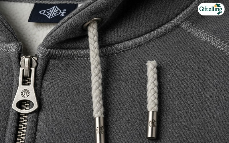 Detailed construction view showing quality stitching and hardware in high-quality custom hoodies