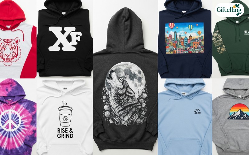 Various design options for custom hoodies showing different printing techniques and personalization possibilities