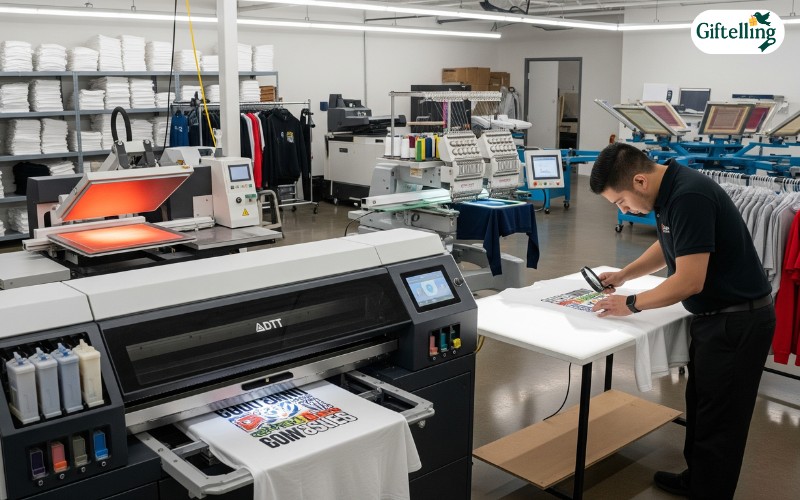 Professional custom apparel printing facility showing high-quality equipment and quality control processes