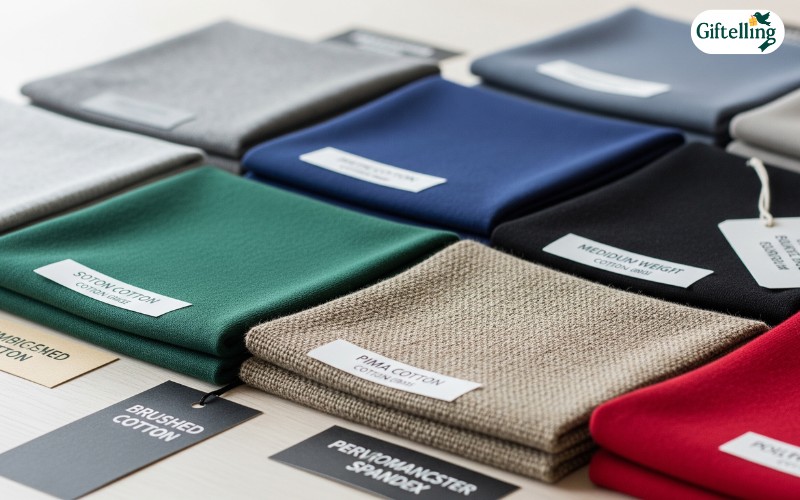 Various premium fabric samples showing different cotton grades and specialty materials for custom hoodies