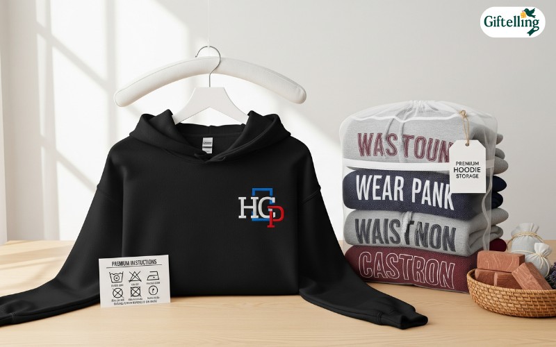 Proper care setup for high-quality custom hoodies showing washing instructions and storage solutions