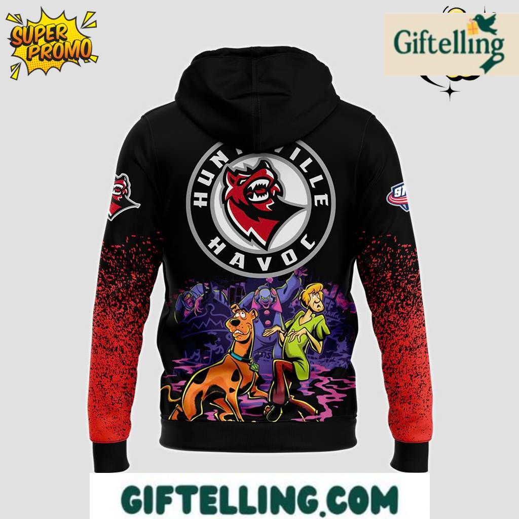 The ScooBy-Doo themed design of this Huntsville Havoc Night 2025 Special Hoodie incorporates beloved mystery characters with Havoc team identity