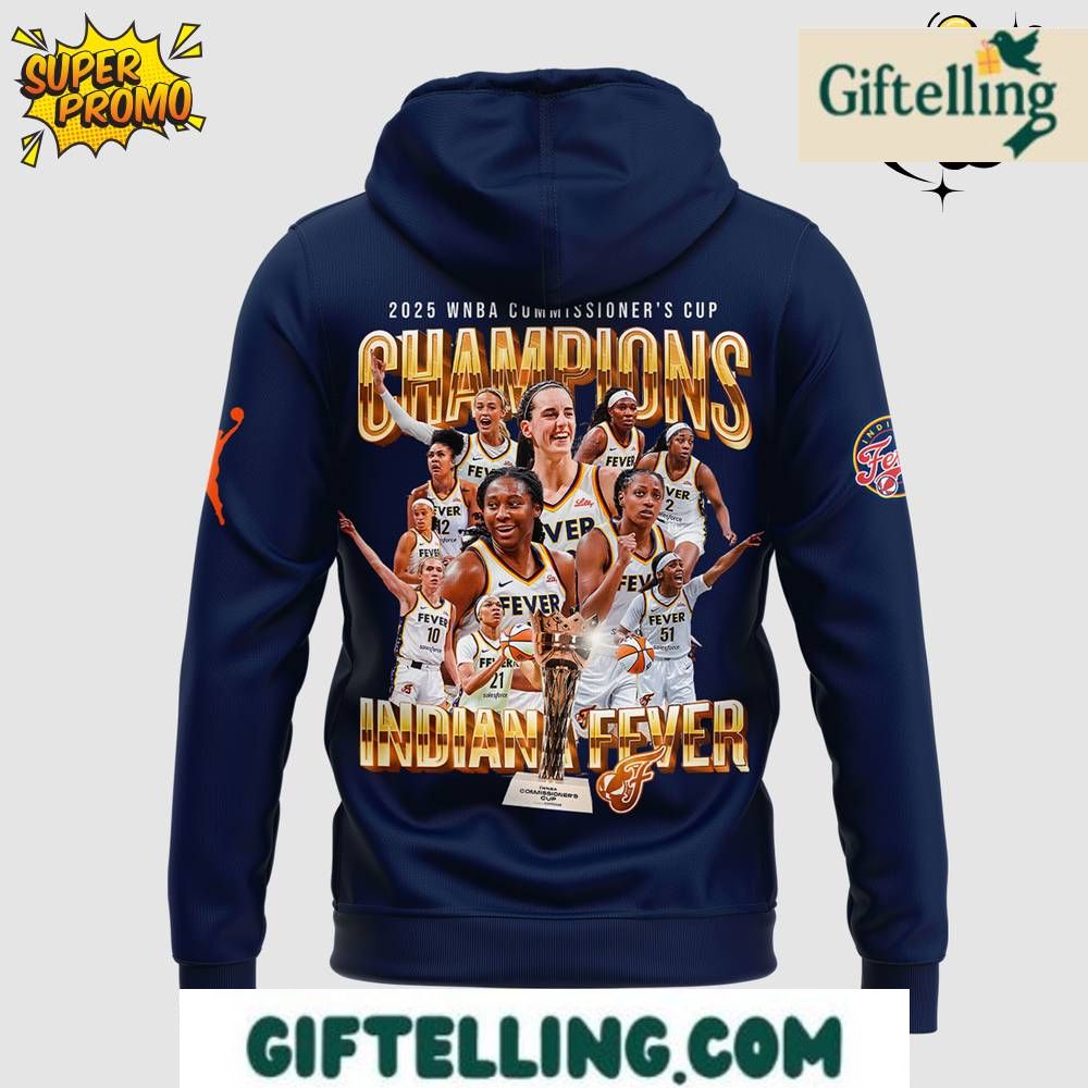 The Commissioner's Cup Champions design of this Indiana Fever 2025 WNBA Hoodie showcases championship trophy imagery alongside Fever team identity