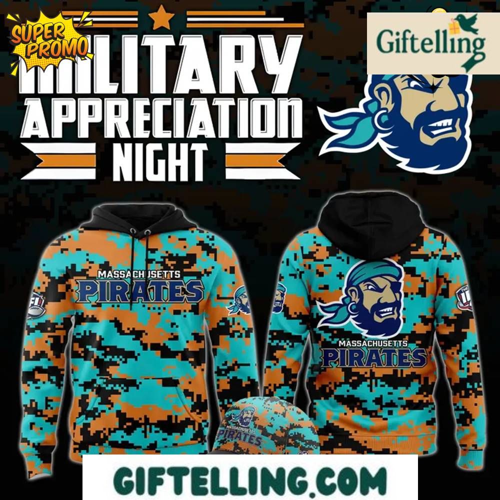 The military tribute design of this Massachusetts Pirates Military Nights Limited Edition Hoodie incorporates patriotic elements with Pirates team identity