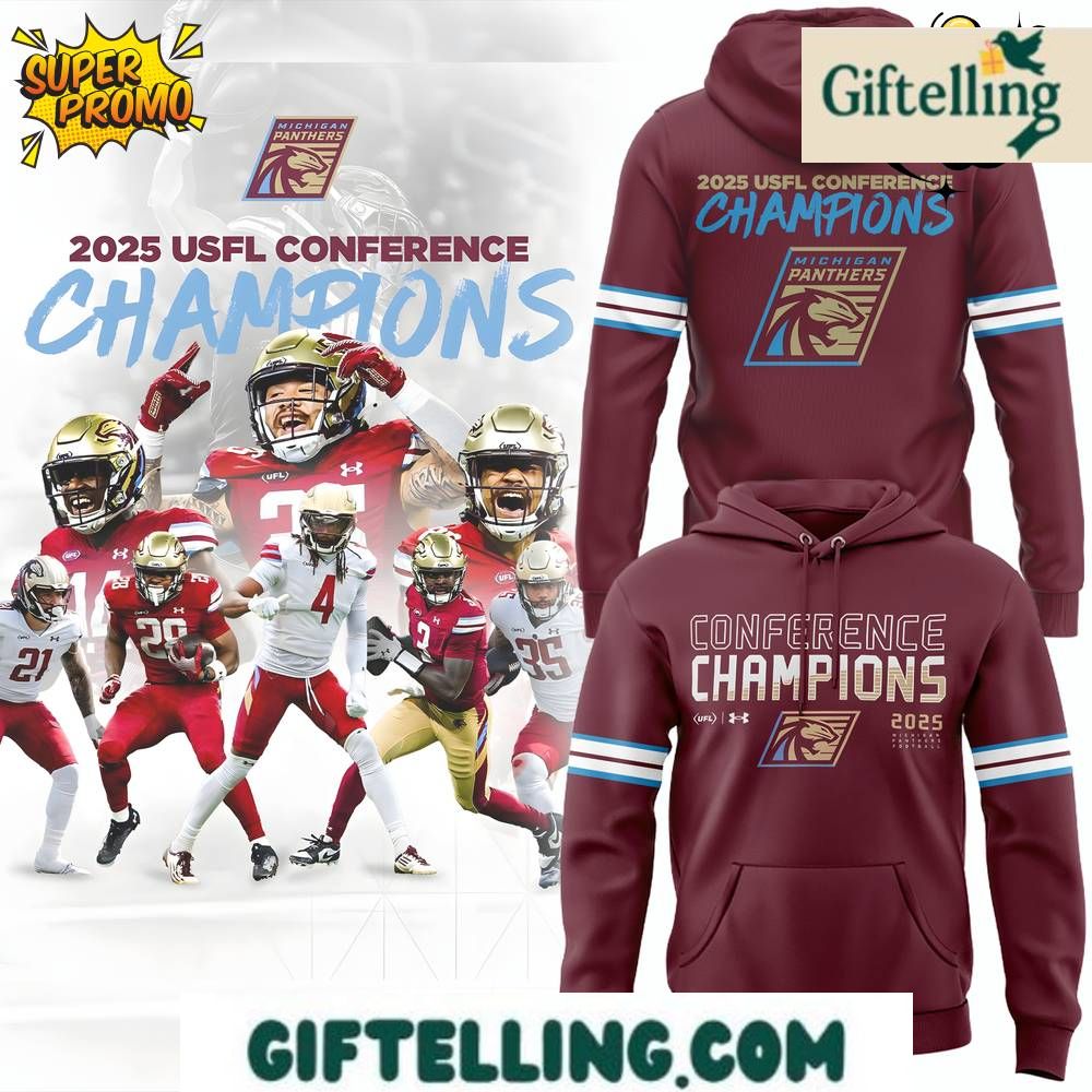 The conference champions design of this Michigan Panthers USFL Hoodie showcases championship trophy elements alongside Panthers team identity