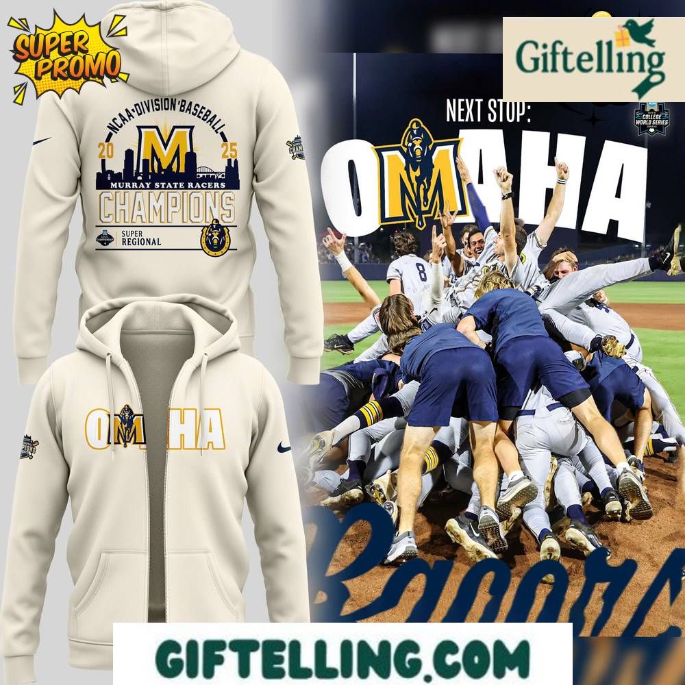 Super Regional Champions design of this Murray State Racers 2025 Zip Hoodie showcases tournament advancement imagery with Racers team identity