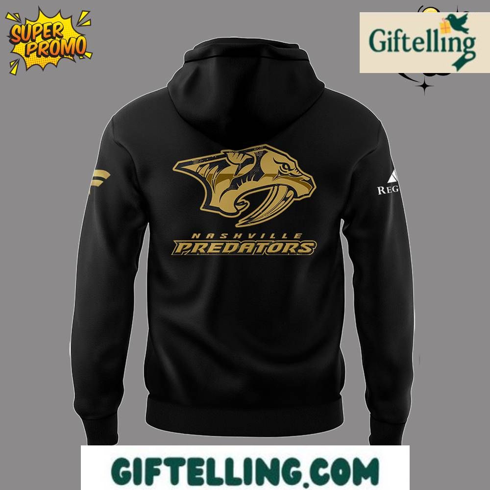 The military tribute design of this Nashville Predators Military 2025 Limited Edition Hoodie incorporates service appreciation imagery with Predators team identity