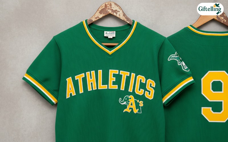 Vintage 1970s Oakland Athletics jersey in kelly green with yellow lettering showing classic design elements