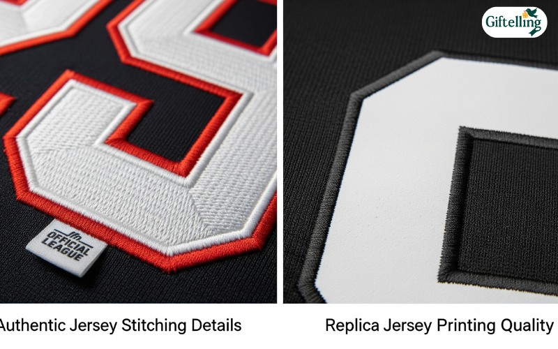 Close-up comparison showing authentic jersey stitching details versus replica jersey printing quality