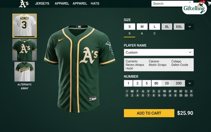 Online shopping interface showing Oakland Athletics jersey selection with various size and customization options