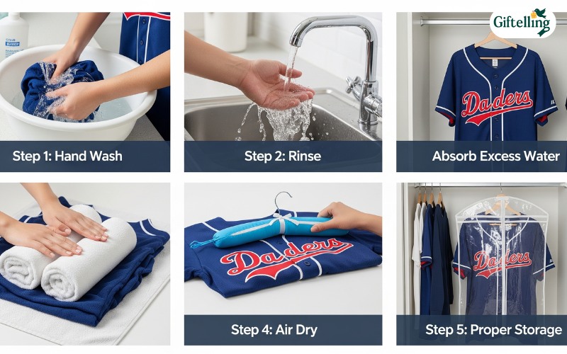 Step-by-step jersey care process showing proper washing, drying, and storage techniques for baseball jerseys