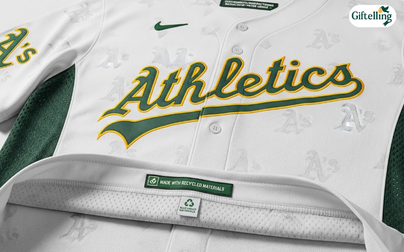 Modern Oakland Athletics jersey showing technical fabric features and sustainable manufacturing details
