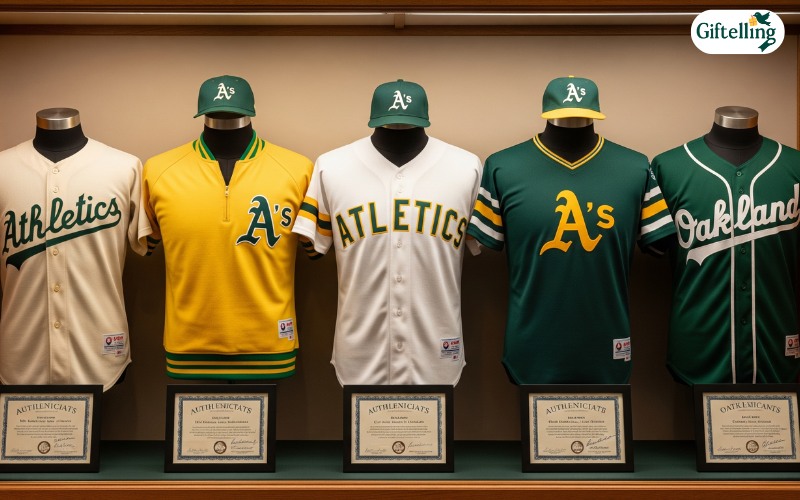 Display case showing collection of vintage Oakland Athletics jerseys from different eras with authentication certificates