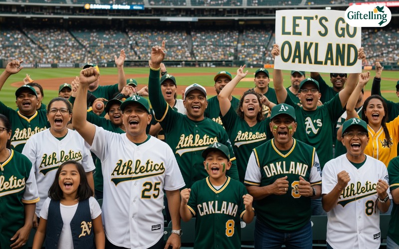 Happy Oakland Athletics fans wearing various jersey styles cheering at baseball stadium showing team spirit