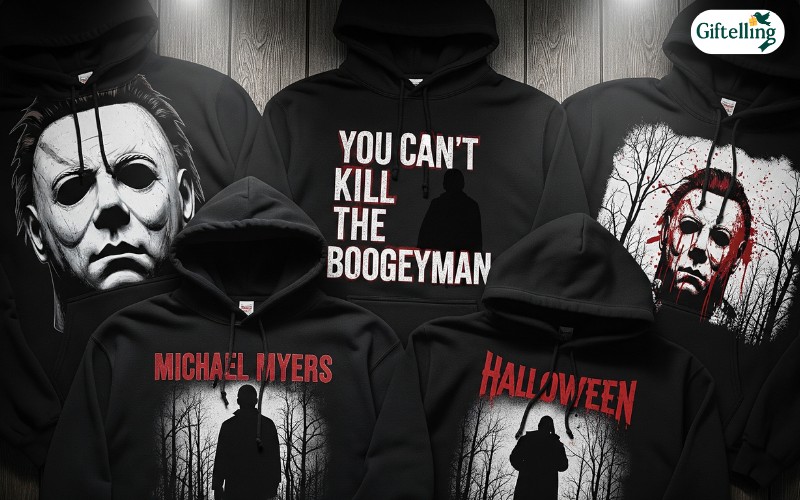 Collection of Michael Myers Halloween hoodies featuring iconic mask designs, movie quotes, and horror aesthetics in black and dark colors