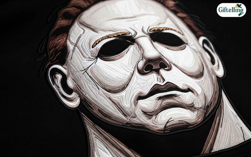 Close-up detail of Michael Myers mask design on black hoodie showing realistic facial features and haunting expression