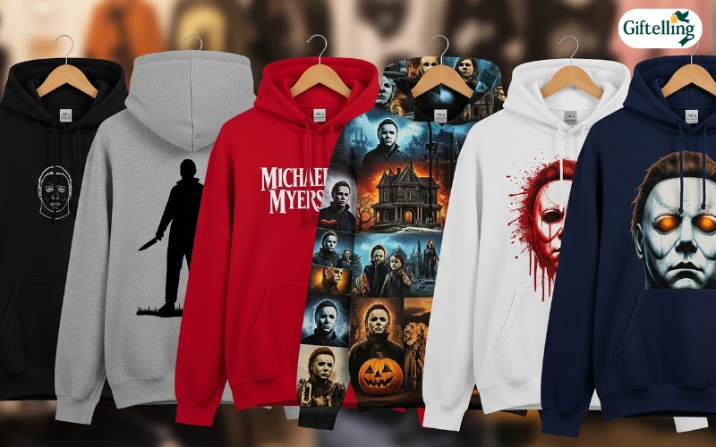 Variety of Michael Myers hoodie styles from minimalist designs to elaborate full-print options showcasing different aesthetic approaches