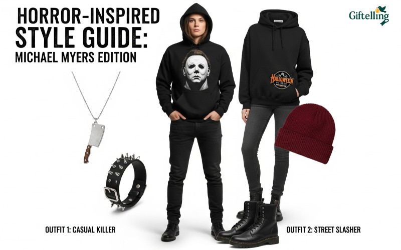 Fashion styling guide showing Michael Myers hoodie paired with jeans, boots, and accessories for complete horror-inspired outfits