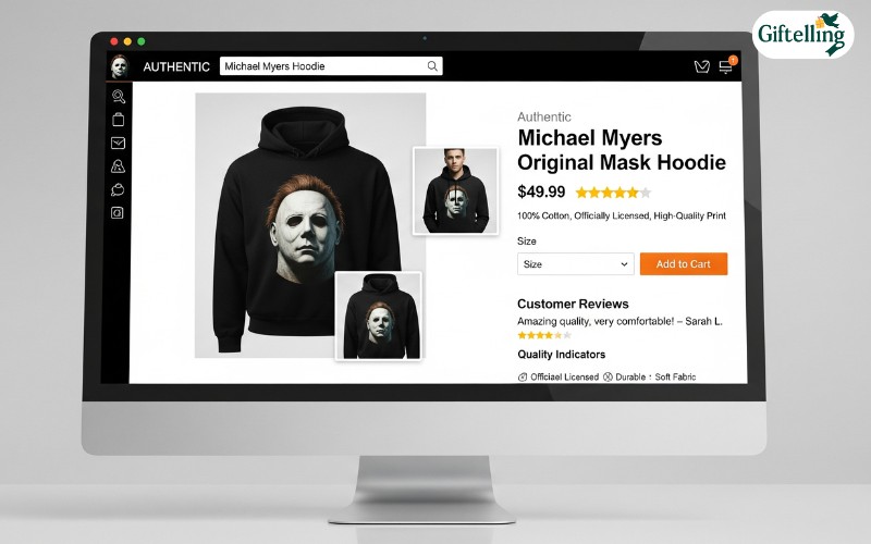 Online shopping interface displaying authentic Michael Myers hoodies with product details, customer reviews, and quality indicators