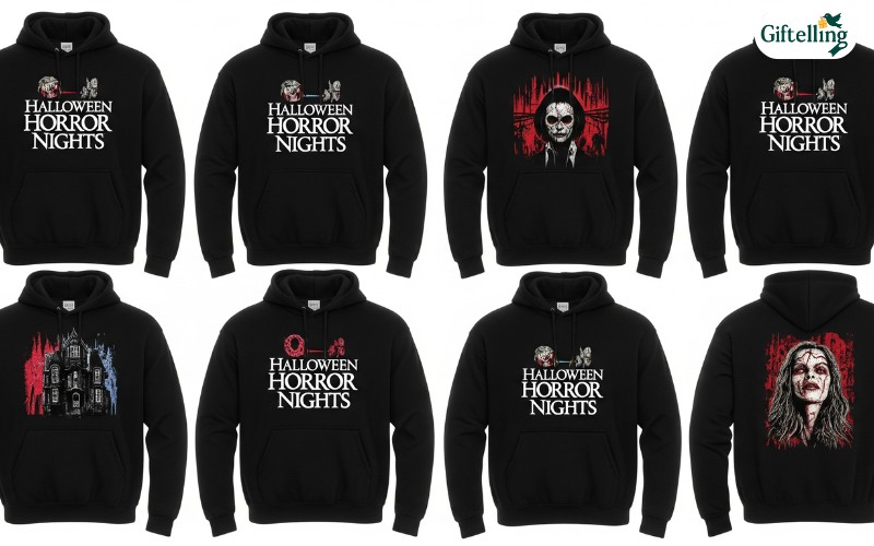 Collection of Halloween Horror Nights hoodies featuring iconic event logos, haunted house designs, and Universal Studios horror characters