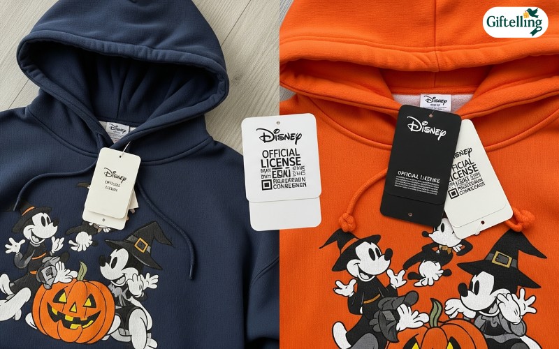Disney Halloween hoodie showcasing high-quality construction details, official licensing tags, and superior material composition