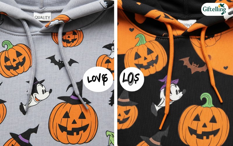 Close-up comparison showing high-quality versus low-quality Disney Halloween hoodie prints, stitching, and material differences