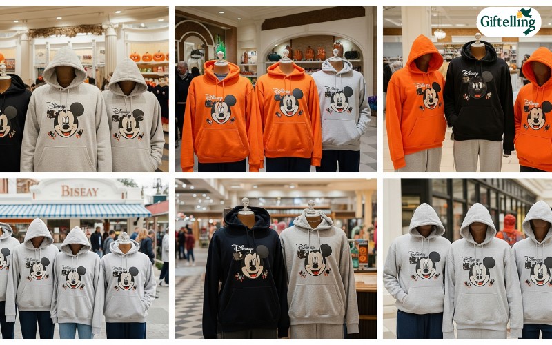 Various shopping venues including Disney stores, theme parks, and authorized retailers displaying Disney Halloween hoodie collections