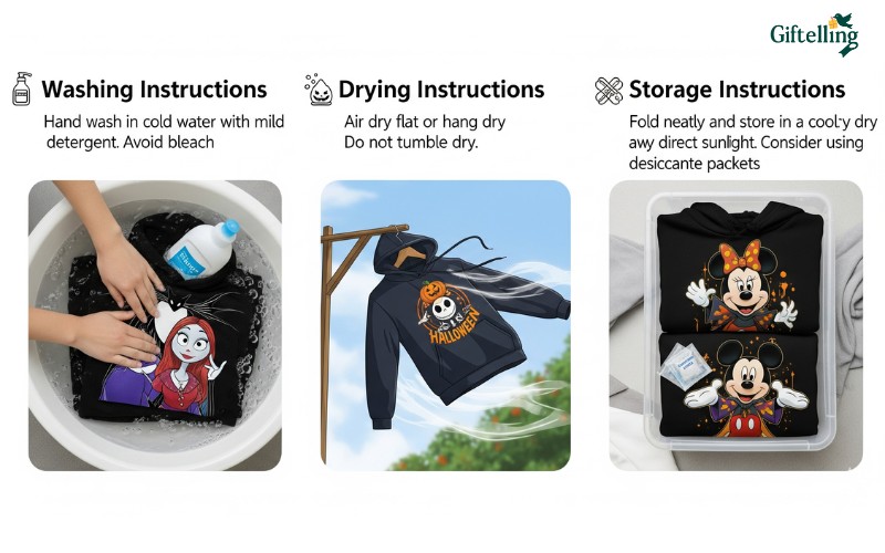 Step-by-step care instruction guide showing proper washing, drying, and storage methods for Disney Halloween hoodies