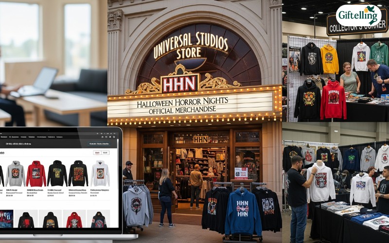 Fashion styling examples showing Halloween Horror Nights hoodies in various settings including theme parks, casual wear, and horror events