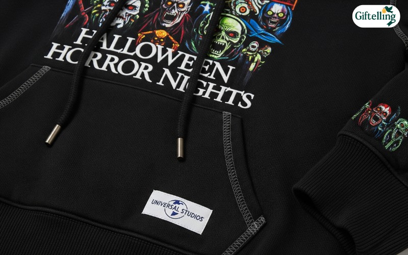 Close-up details of Halloween Horror Nights hoodie quality showing premium materials, detailed graphics, and official Universal Studios branding
