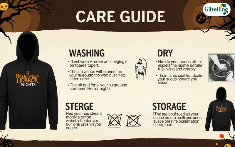 Step-by-step care guide showing proper washing, drying, and storage techniques for preserving Halloween Horror Nights hoodie quality