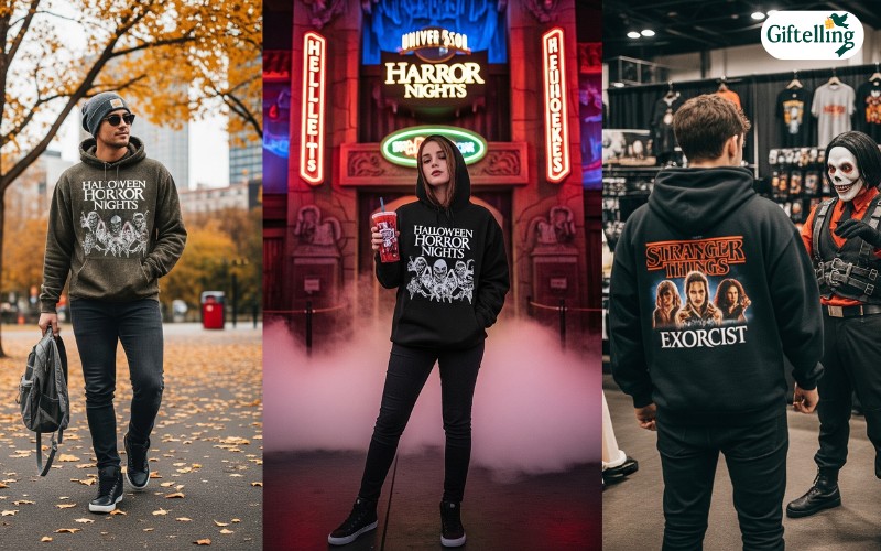 Fashion styling examples showing Halloween Horror Nights hoodies in various settings including theme parks, casual wear, and horror events