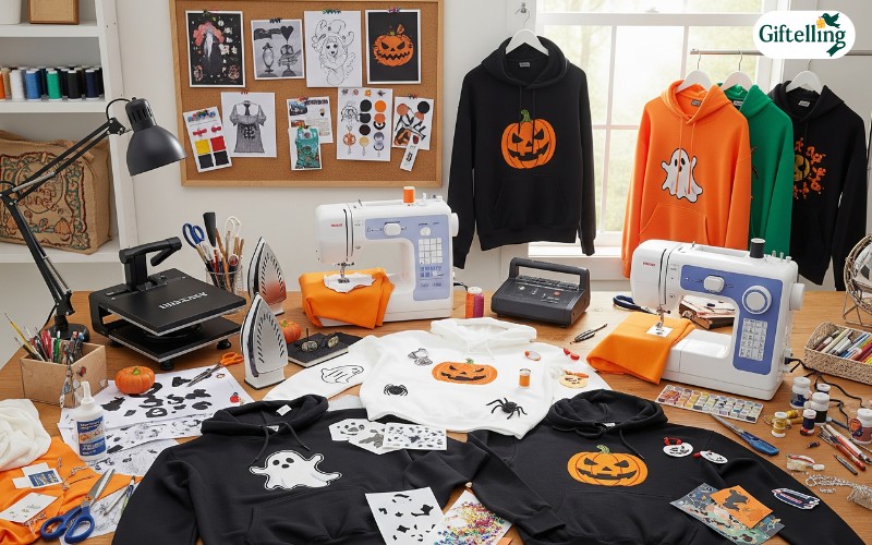 DIY womens Halloween hoodie customization workspace showing various personalization tools and techniques