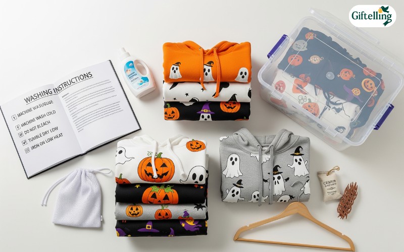 Proper care setup for womens Halloween hoodies showing washing instructions and storage solutions