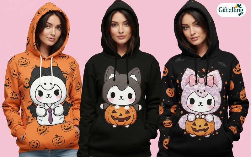 Cute and quirky womens Halloween hoodies featuring adorable character designs and friendly spooky graphics