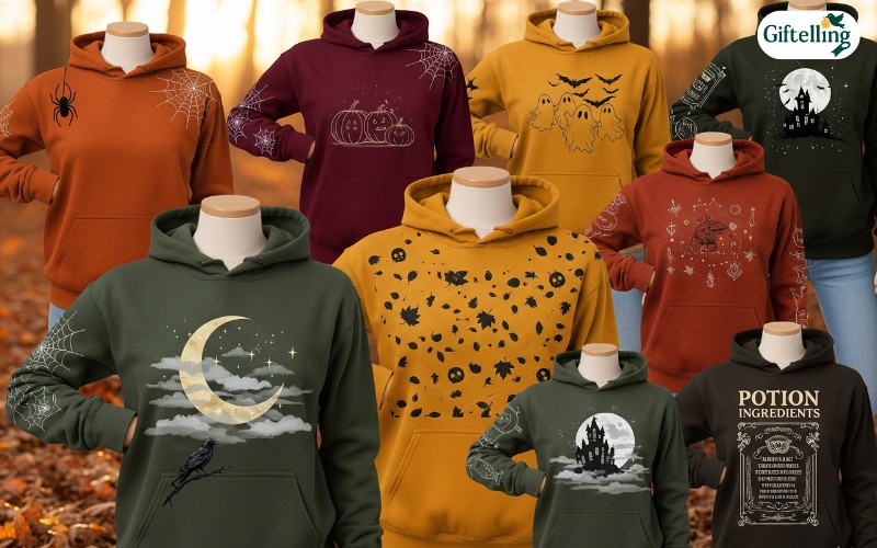 Stylish womens Halloween hoodies collection featuring spooky graphics and autumn colors for trendy fall fashion