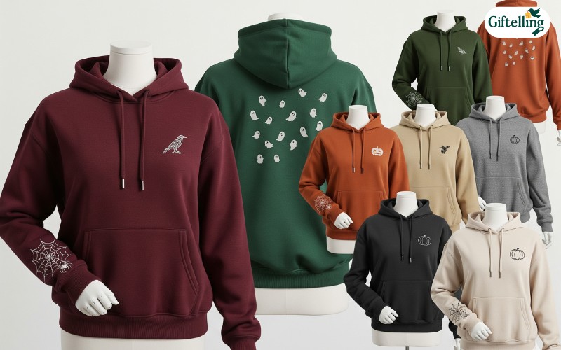 Minimalist womens Halloween hoodies featuring subtle spooky graphics and sophisticated autumn color palettes