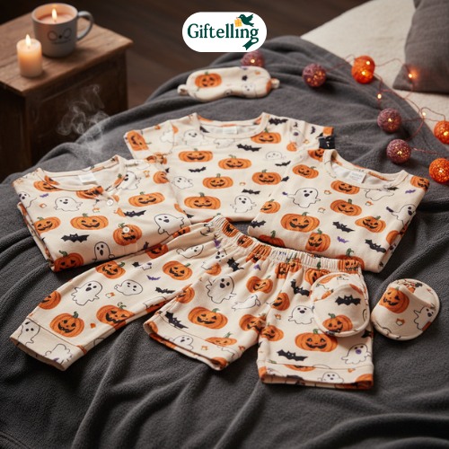 15 Halloween Pajama Ideas for Spooky Comfort 2 Cozy Halloween pajamas featuring pumpkins ghosts and bats on soft fabric perfect for October nights
