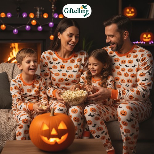 15 Halloween Pajama Ideas for Spooky Comfort 3 Family wearing matching Halloween pajamas with jack-o-lantern designs celebrating together