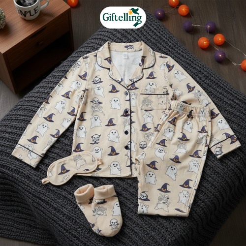 15 Halloween Pajama Ideas for Spooky Comfort 4  Classic Halloween pajamas with ghost skeleton and witch patterns on comfortable cotton fabric