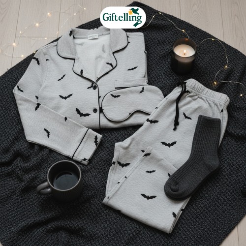 15 Halloween Pajama Ideas for Spooky Comfort 6 Trendy minimalist Halloween pajamas featuring simple bat silhouettes and modern design elements