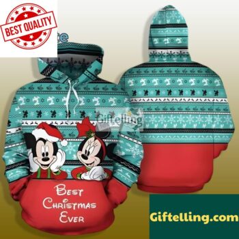 Best Christmas Ever Mickey And Minnie Mouse Ugly 3D Zip Up Hoodie Green